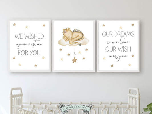 Set of 3 Baby Dragon Nursery Prints featuring beige watercolour sleeping baby dragon and loving quote, will spark their imagination and create a calm and cosy atmosphere. Perfect for your dragon nursery decor or kids fantasy theme room and also makes a unique dragon baby shower gift.