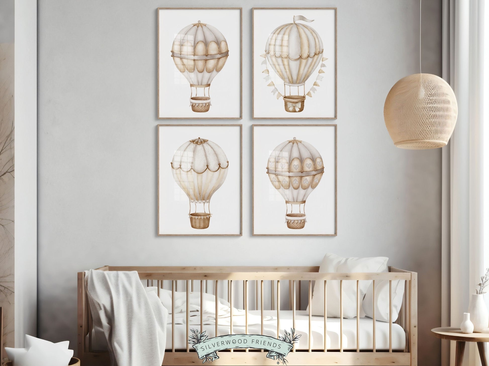 Hot Air Balloon Nursery Prints, Beige Balloon Nursery Decor, Neutral Nursery Wall Art, Unisex Newborn Gift, Transport Nursery Digital Prints