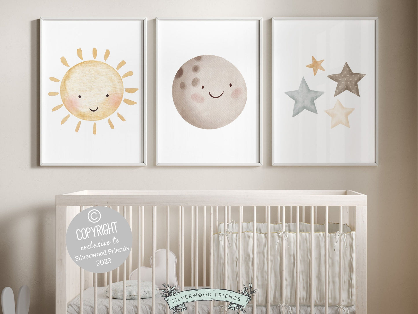 Set of 3 Boho Baby Nursery Prints featuring a sun, moon will create a harmonious and dreamy atmosphere in your little ones nursery and also makes the perfect gender neutral baby shower gift