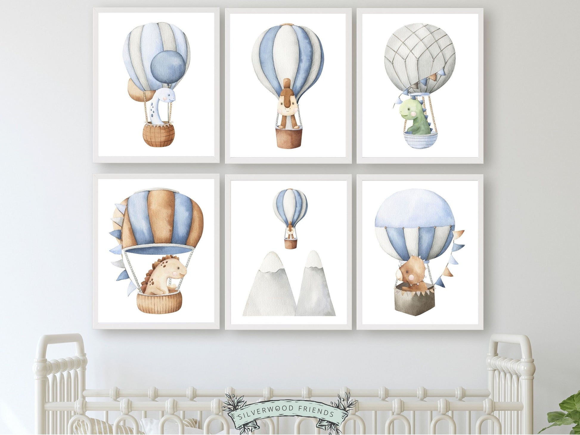 Set of 6 Dinosaur Nursery Prints features watercolor dinosaurs in hot air balloons. The perfect addition to any dinosaur lovers baby boy&#39;s nursery decor! Perfect for your dinosaur theme nursery or as an adorable dinosaur baby shower gift.