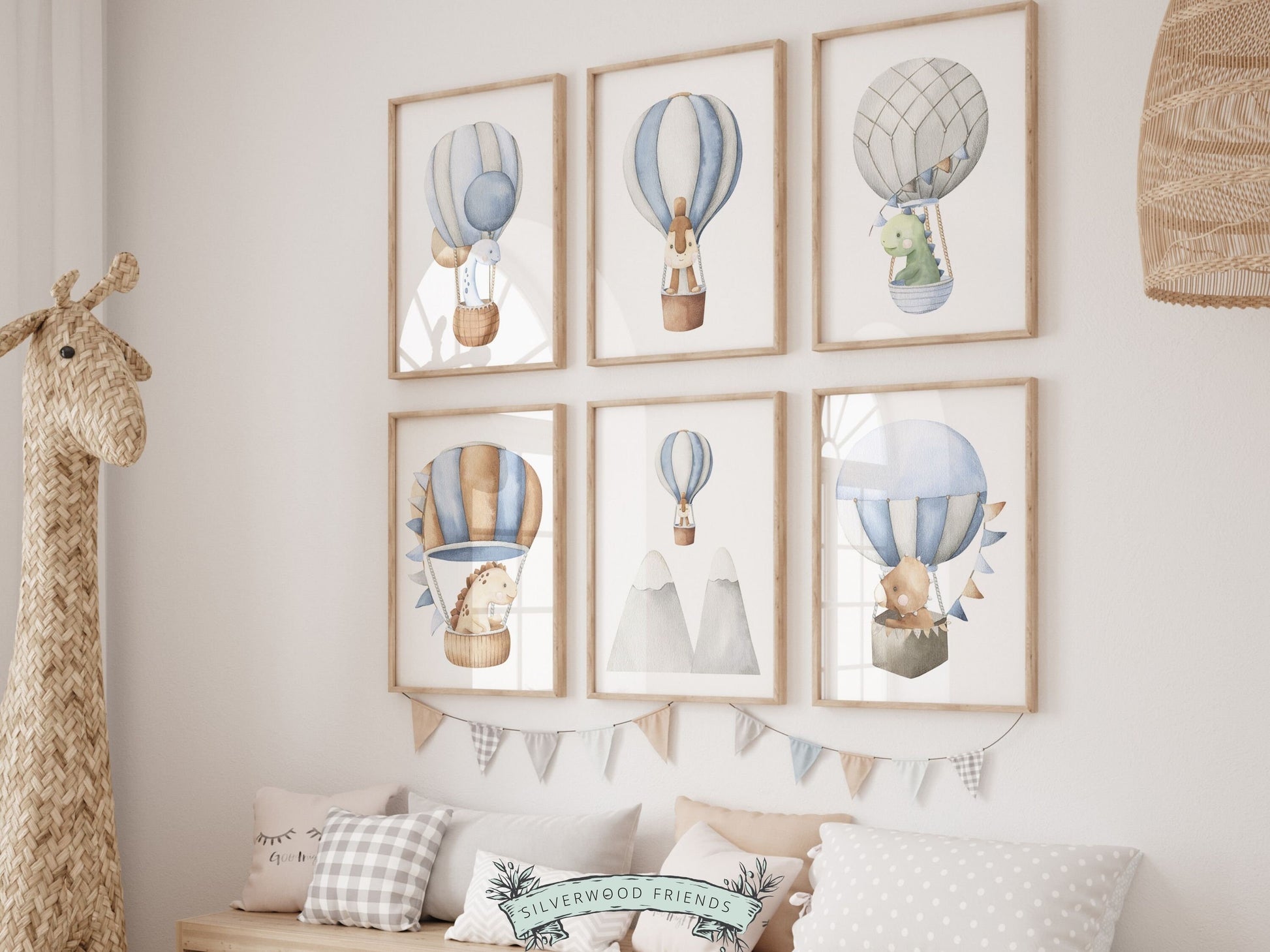 Dinosaur Nursery Prints, Hot Air Balloon Nursery Decor, Dino Kids Room Print, Toddler Boys Room Decor, Baby Boy Gift, Dinosaur Digital Print