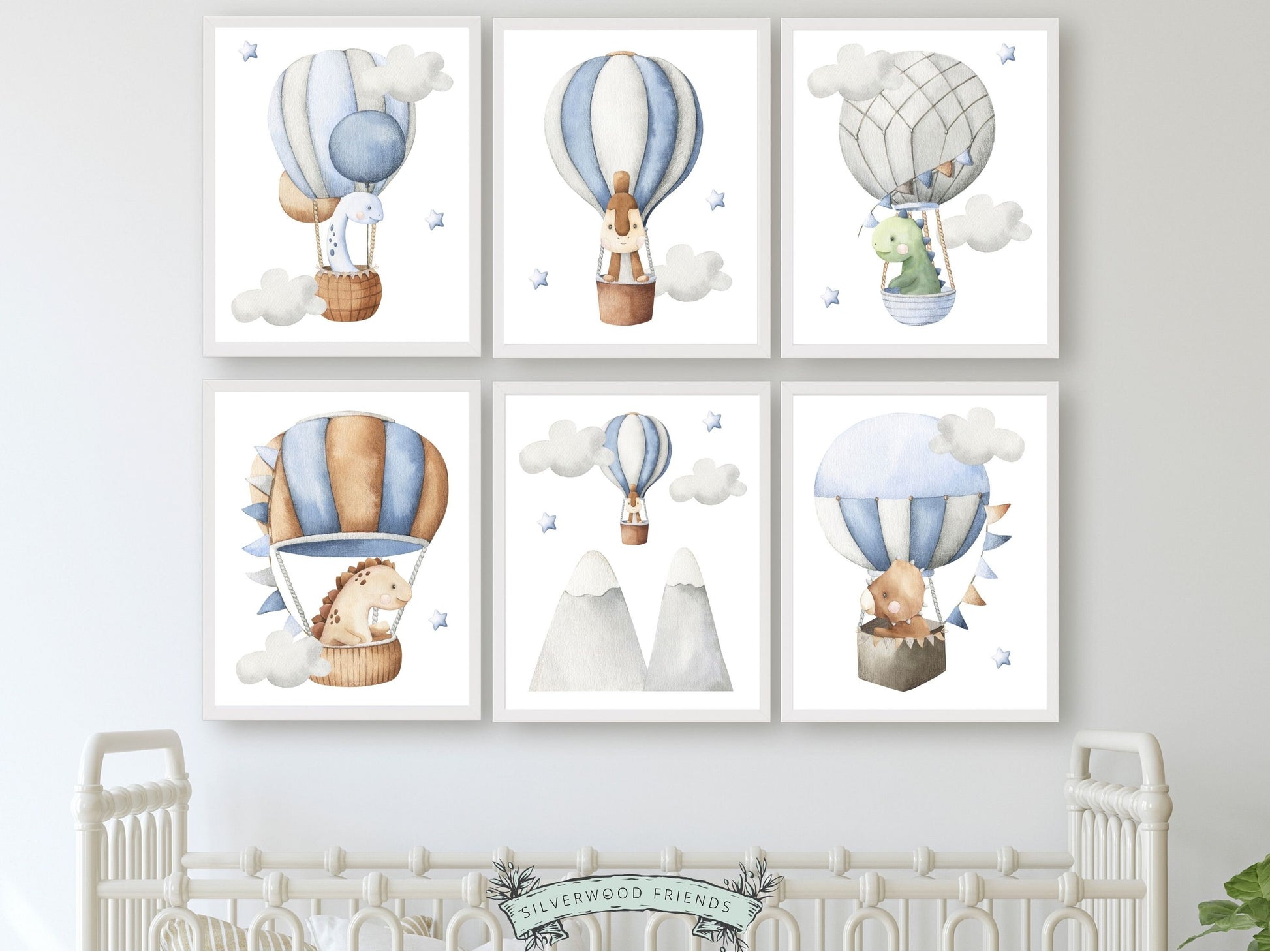 Set of 6 Dinosaur Nursery Prints features watercolor dinosaurs in hot air balloons amongst stars and clouds. Perfect for your dinosaur theme nursery or as an adorable dinosaur baby shower gift.
