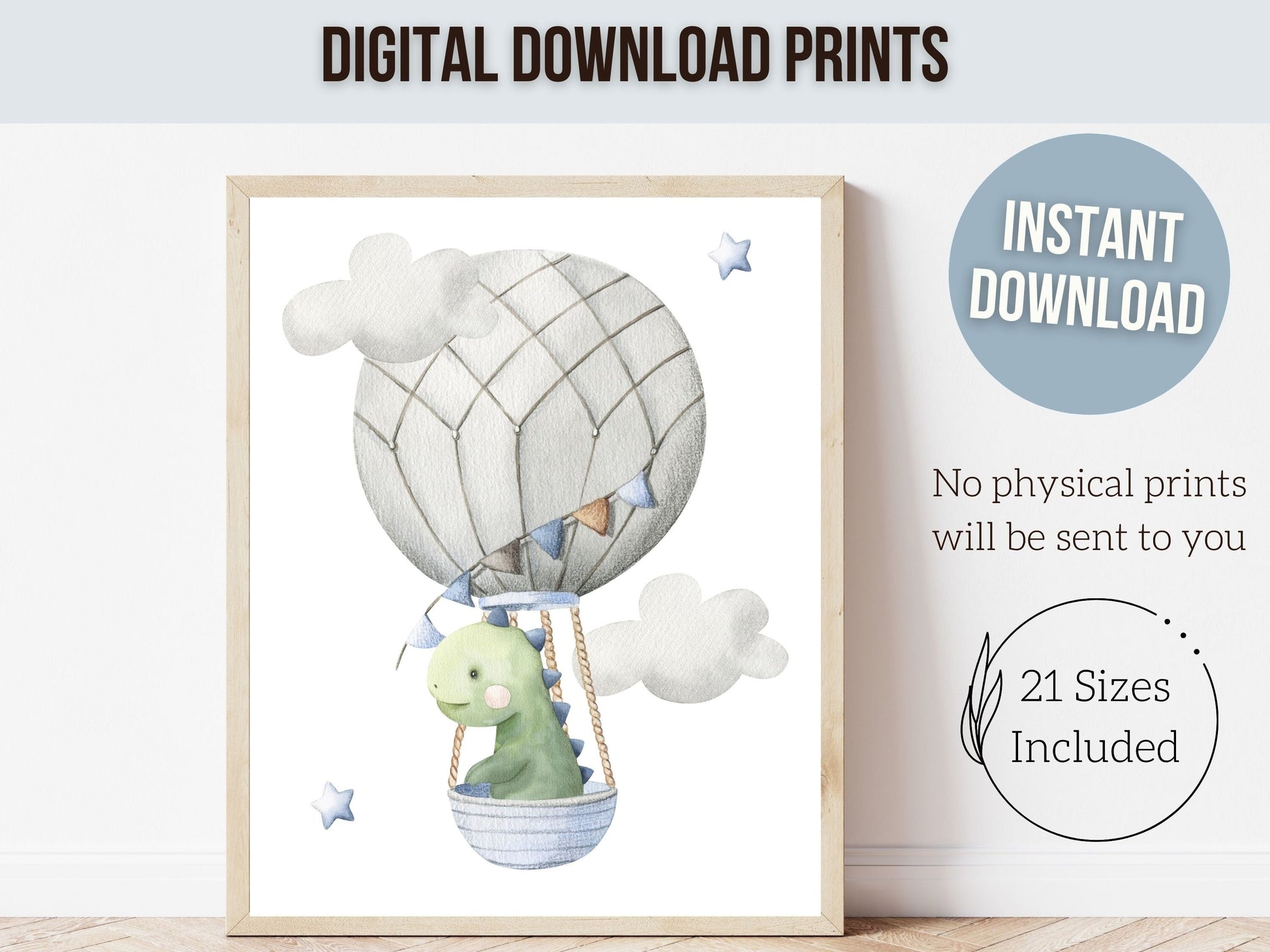 Dinosaur Nursery Prints, Hot Air Balloon Nursery Decor, Dino Kids Room Print, Toddler Boys Room Decor, Baby Boy Gift, Dinosaur Digital Print