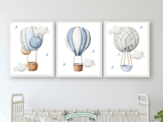 Our blue watercolour Hot Air Balloon Nursery Print Set of 3 will create a calm and cosy space for your little one and is a lovely addition to your boys transport nursery decor and also makes a lovely baby shower gift.