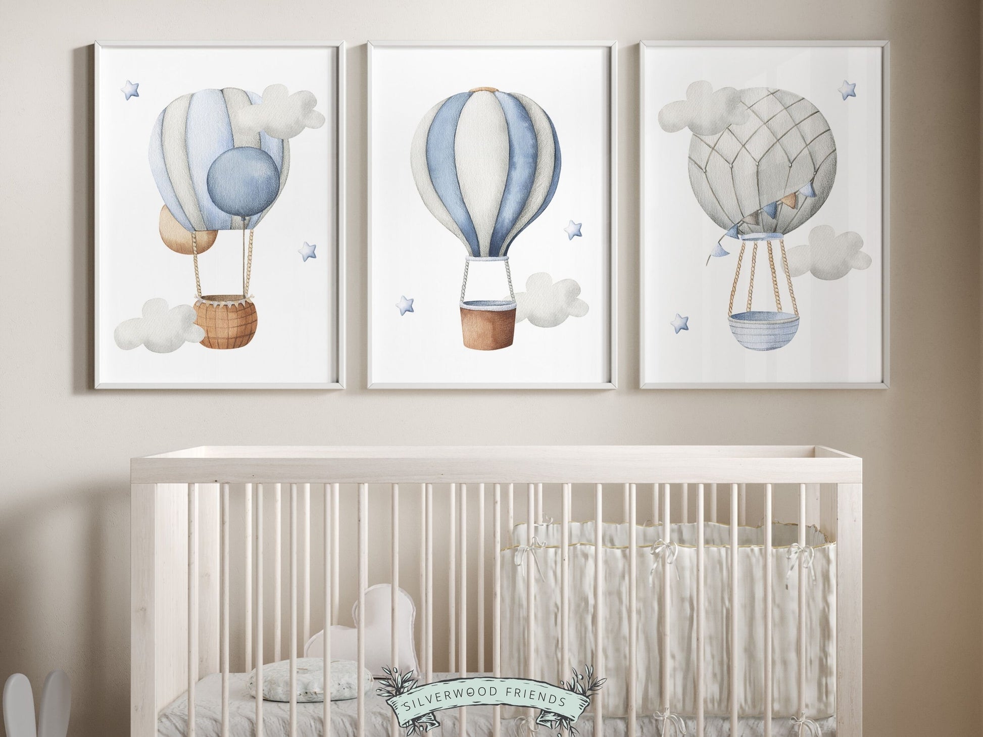 Our blue watercolor Hot Air Balloon Nursery Print Set of 3 will create a calm and cosy space for your little one and is a lovely addition to your boys transport nursery decor and also makes a lovely baby shower gift.