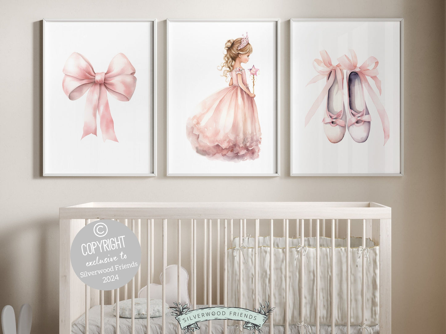 Set of 3 Princess Ballet Nursery Prints showcasing a whimsical princess ballerina, delicate bow, and dainty ballet slippers. Infuse her space with a sprinkle of fairy tale magic, perfect for a princess nursery and inspires dreams of graceful twirls.