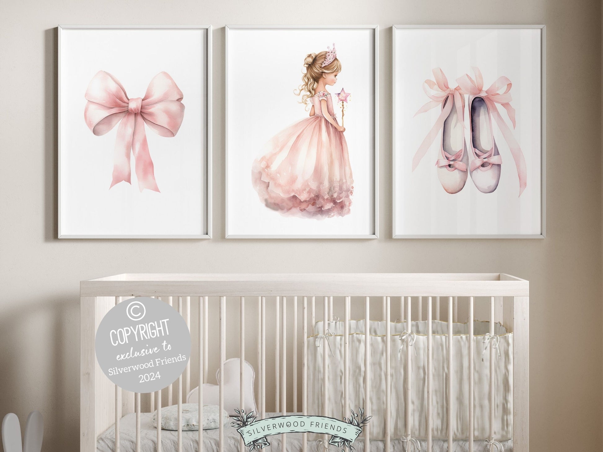 Set of 3 Princess Ballet Nursery Prints showcasing a whimsical princess ballerina, delicate bow, and dainty ballet slippers. Infuse her space with a sprinkle of fairy tale magic, perfect for a princess nursery and inspires dreams of graceful twirls.