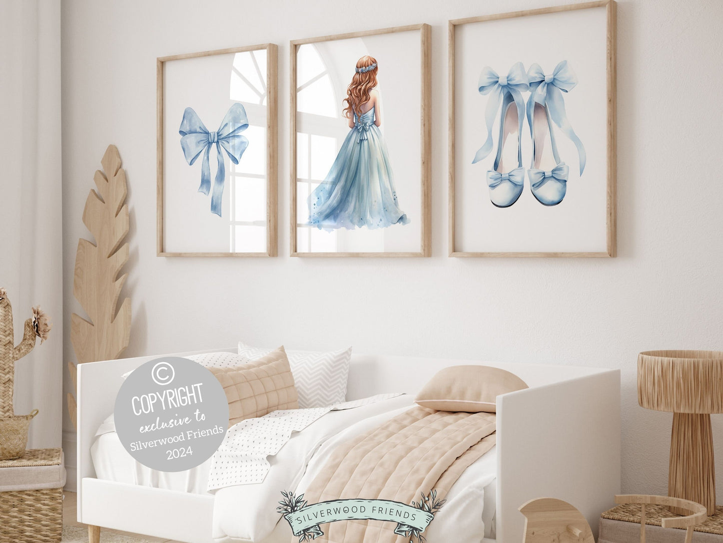 Set of 3 Princess Ballet Nursery Prints showcasing a whimsical princess ballerina, delicate bow, and dainty ballet slippers. Infuse her space with a sprinkle of fairy tale magic, perfect for a ballet inspired or a princess theme bedroom.