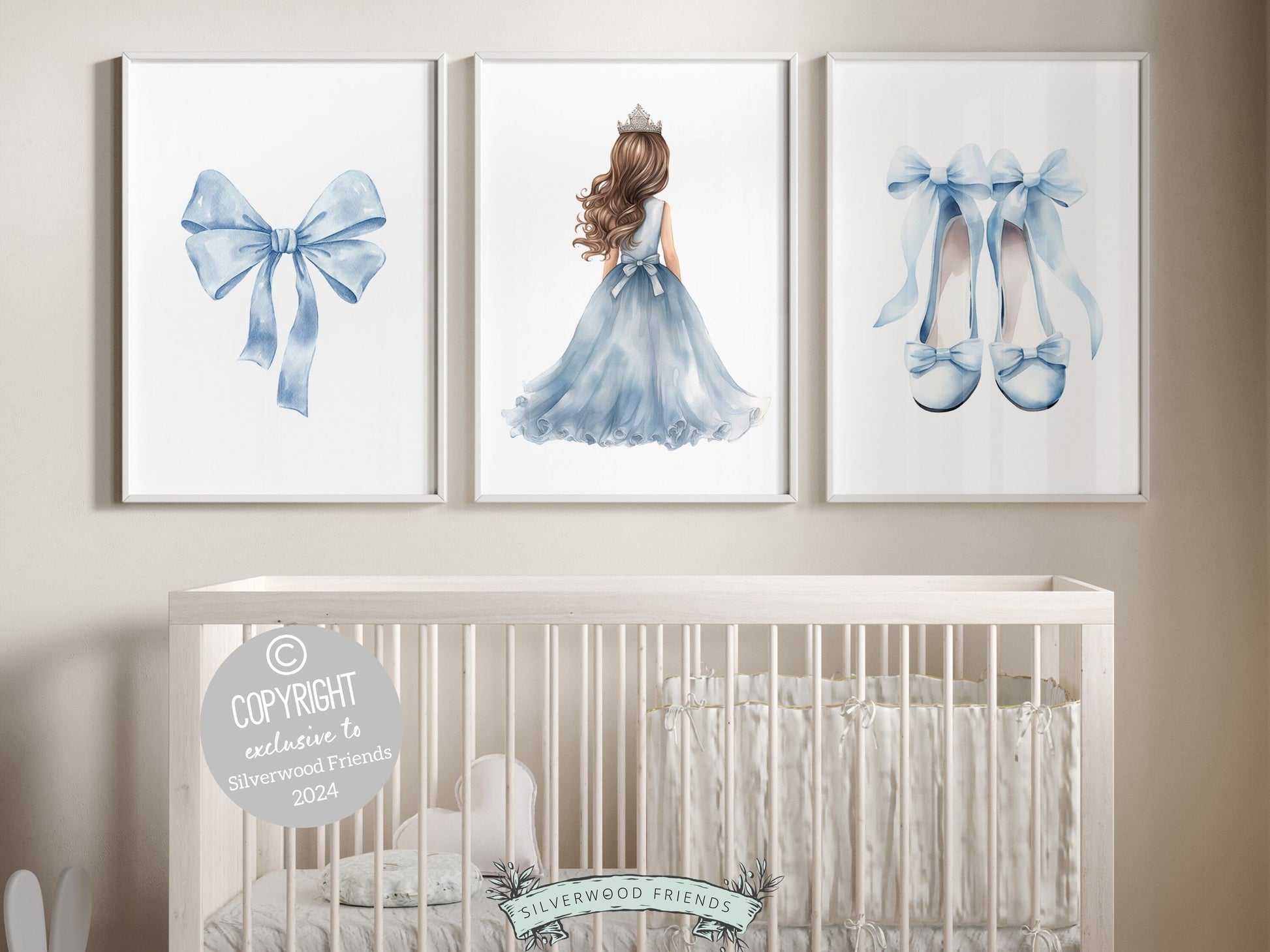 Set of 3 Princess Ballet Nursery Prints showcasing a whimsical princess ballerina, delicate bow, and dainty ballet slippers. Infuse her space with a sprinkle of fairy tale magic, perfect for a ballet inspired nursery or a princess themed bedroom.
