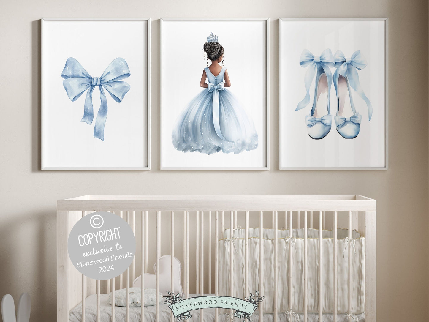 Set of 3 Princess Ballet Nursery Prints showcasing a whimsical princess ballerina, delicate bow, and dainty ballet slippers. Infuse her space with a sprinkle of fairy tale magic, perfect for a ballet inspired nursery or a princess themed bedroom