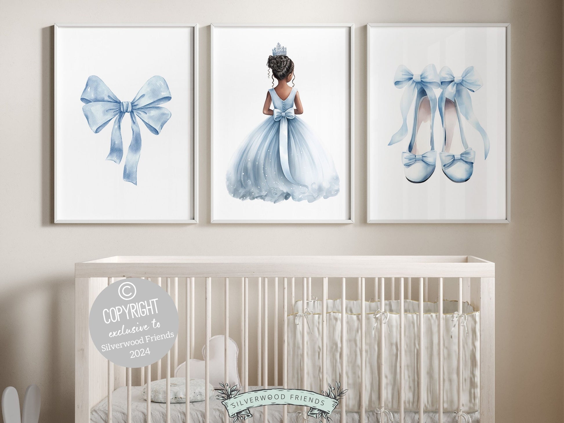 Set of 3 Princess Ballet Nursery Prints showcasing a whimsical princess ballerina, delicate bow, and dainty ballet slippers. Infuse her space with a sprinkle of fairy tale magic, perfect for a ballet inspired nursery or a princess themed bedroom