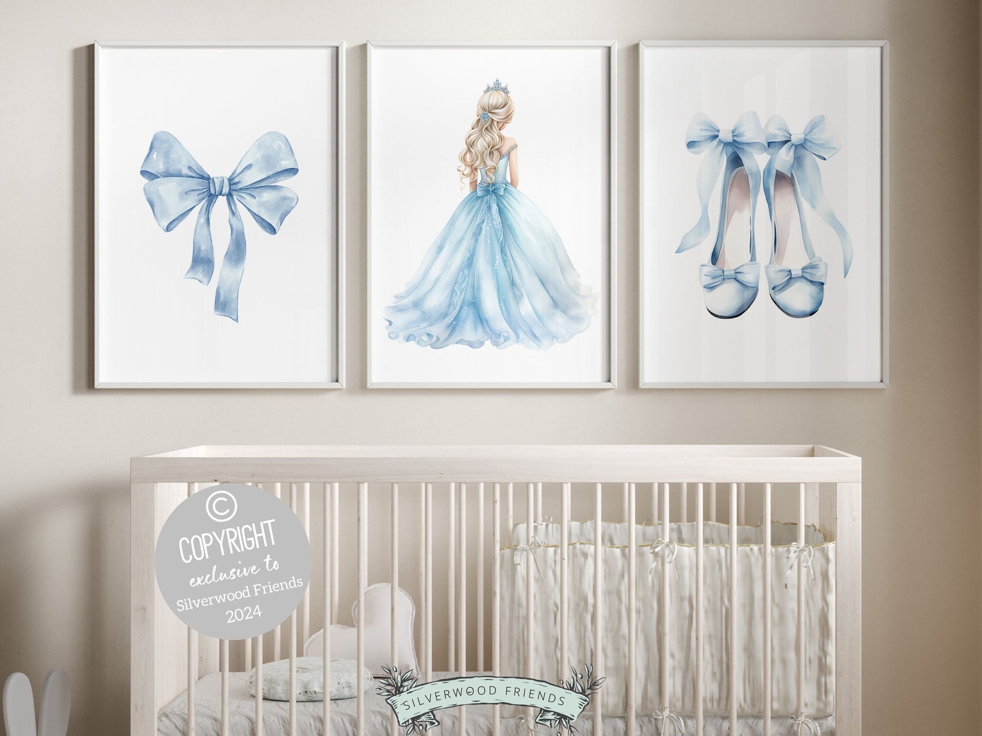 Set of 3 Princess Ballet Nursery Prints showcasing a whimsical princess ballerina, delicate bow, and dainty ballet slippers. Infuse her space with a sprinkle of fairy tale magic, perfect for a ballet inspired nursery or a princess themed bedroom