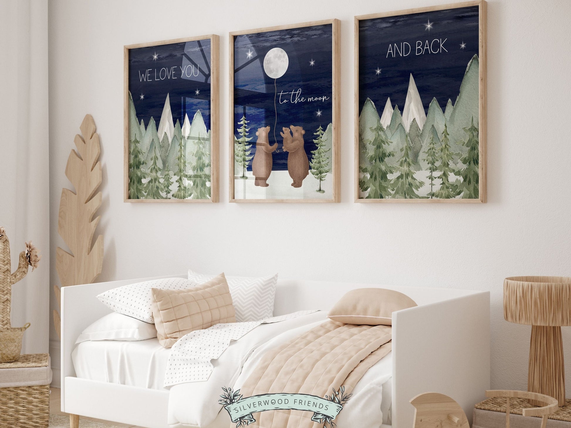 Bear Nursery Prints, Navy Blue Night Sky Moon Nursery Decor, Woodland Forest Nursery Decor, Newborn Baby Gift,Mountain Nursery Digital Print