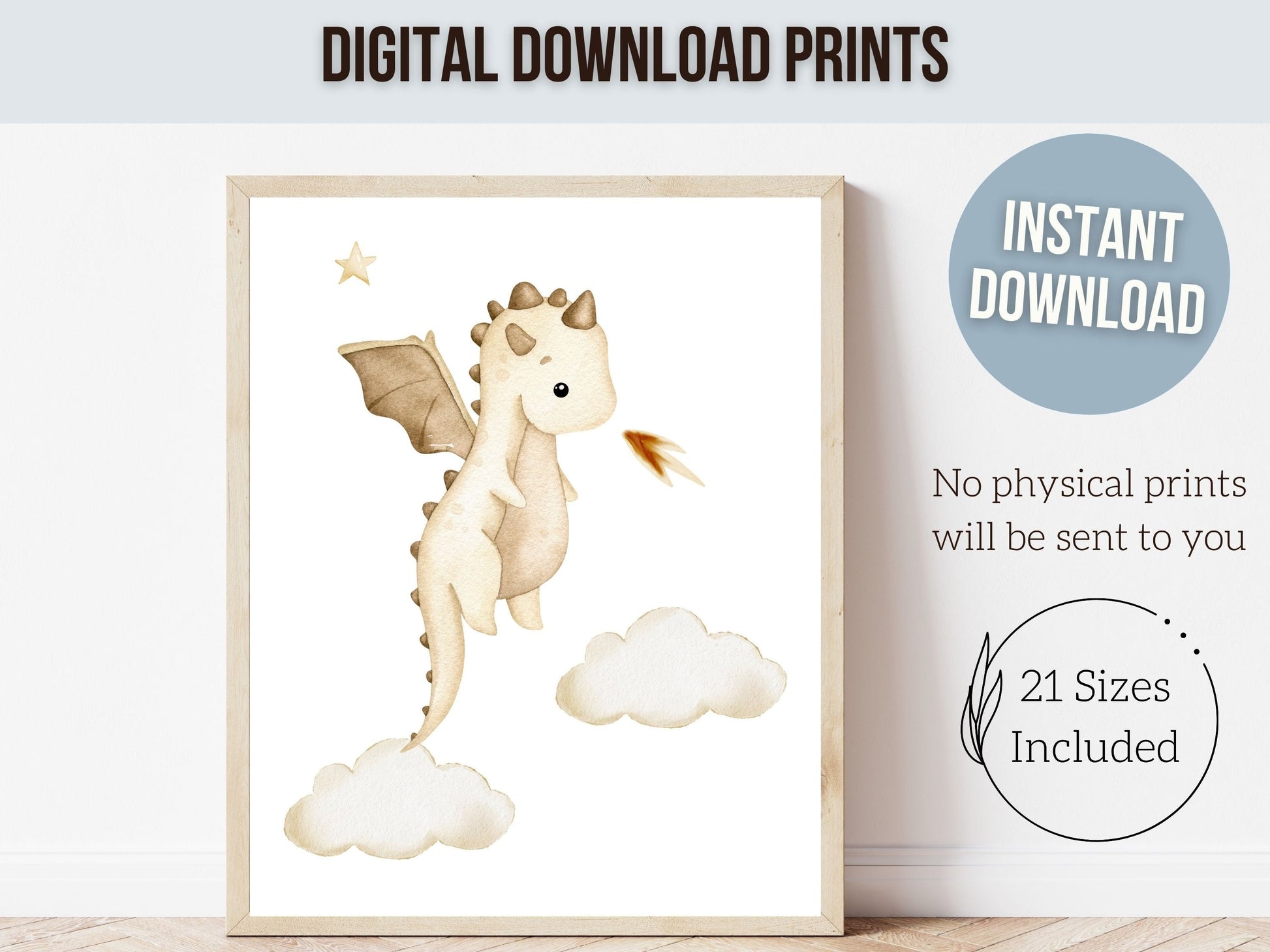ORIGINAL Baby Dragon Nursery Print Gift For Beige Dragon Nursery Decor, Fairytale Fantasy Neutral Nursery Wall Art Digital Download Prints