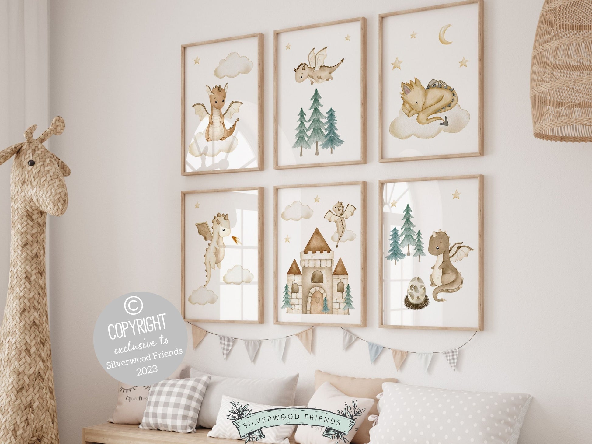 ORIGINAL Baby Dragon Nursery Print Gift For Beige Dragon Nursery Decor, Fairytale Fantasy Neutral Nursery Wall Art Digital Download Prints
