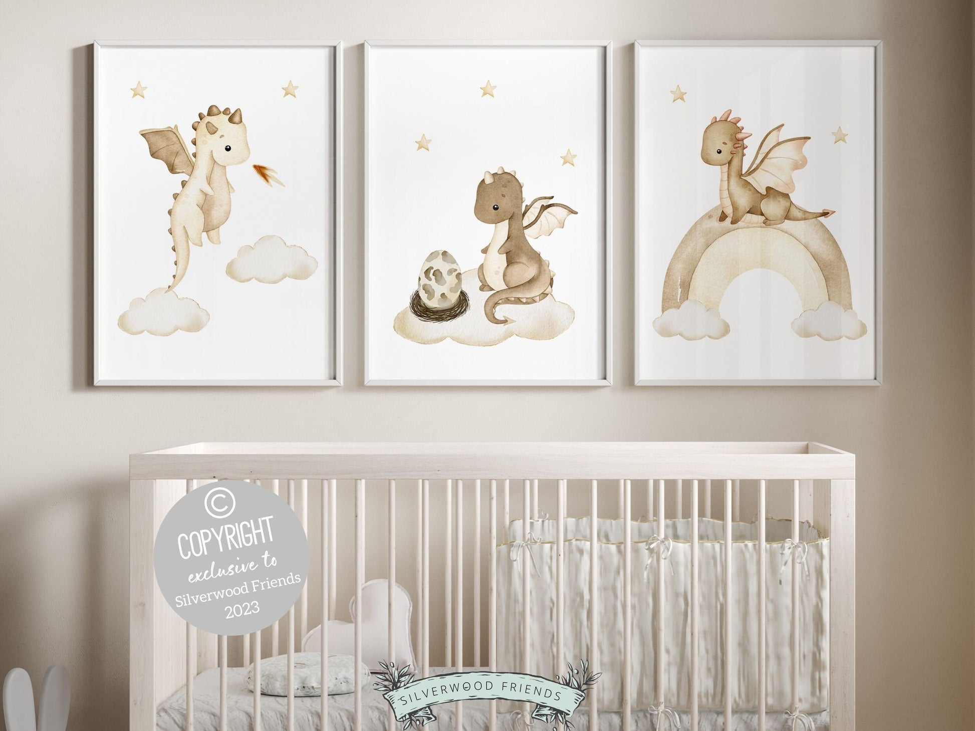 Set of 3 Baby Dragon Nursery Prints featuring beige watercolor baby dragons perfect for your dragon nursery decor or kids fantasy theme room and also makes a unique dragon baby shower gift.