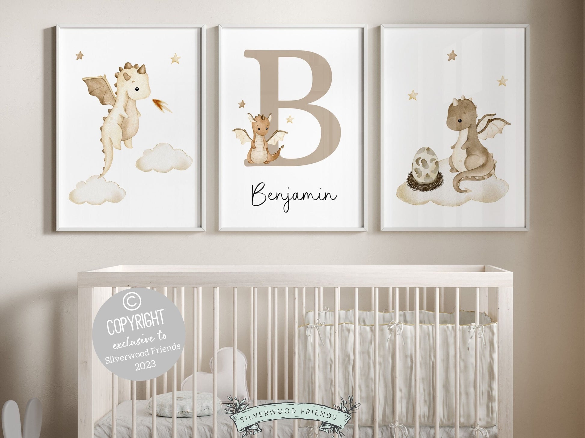 Custom Baby Dragon Nursery Name Prints Set of 3 with beige watercolor dragons, clouds and stars, is perfect for your dragon nursery decor or fantasy theme nursery and also makes a unique gender neutral baby shower gift.