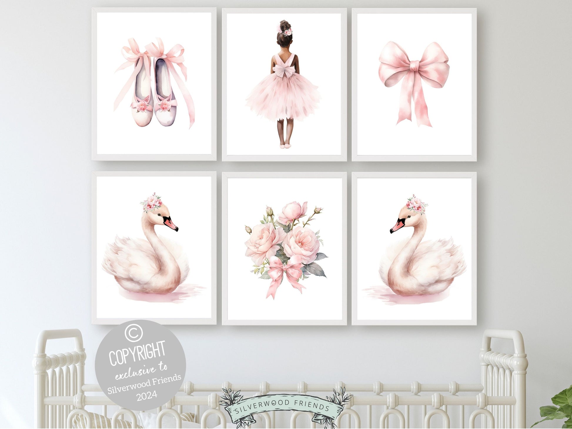 Set of 6 Ballet Nursery Prints. Perfect for your ballet nursery decor or dance inspired bedroom, these charming prints add an elegant touch to your baby girl&#39;s room inspiring dreams of graceful twirls and makes a unique baby shower gift.
