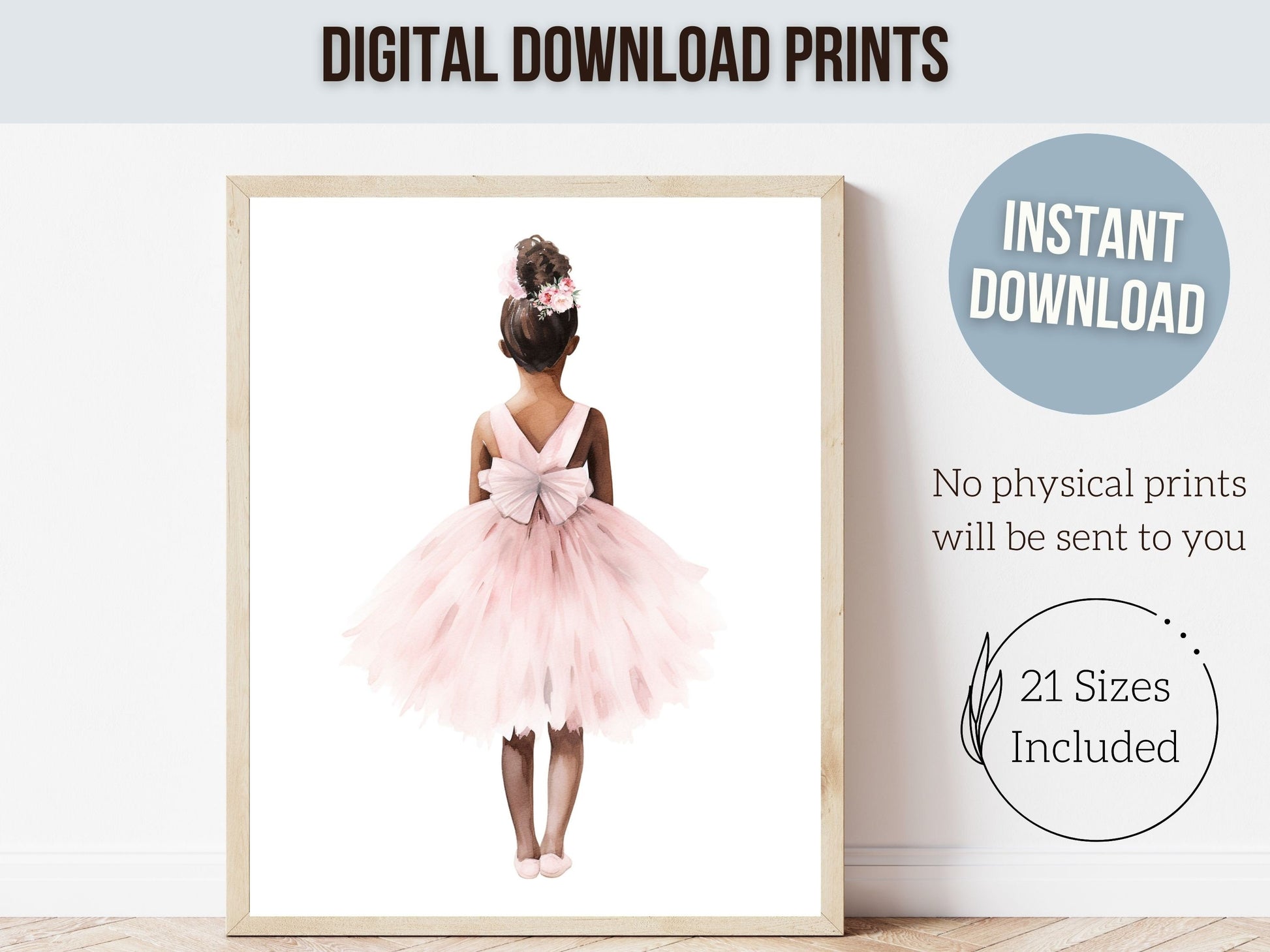 Baby Girl's Ballet Nursery Prints, African American Ballerina Nursery Decor, Floral Ballet Swan Wildflower Nursery Wall Decor Digital Print