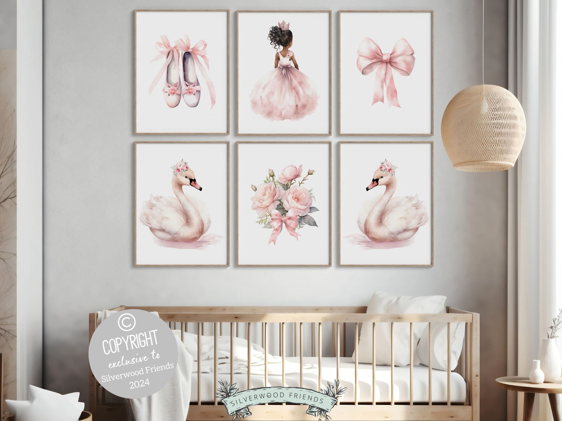 Baby Girl's Ballet Nursery Prints, African American Ballerina Nursery Decor, Floral Ballet Swan Wildflower Nursery Wall Decor Digital Prints
