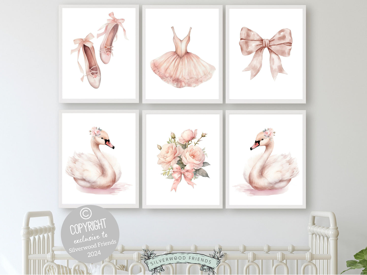 Set of 6 Ballet Prints. These whimsical artworks are an ideal addition to ballet nursery decor, creating a dreamy ambiance or making for a distinctive baby girls baby shower gift that captivates the magic of twirls and tiptoes.