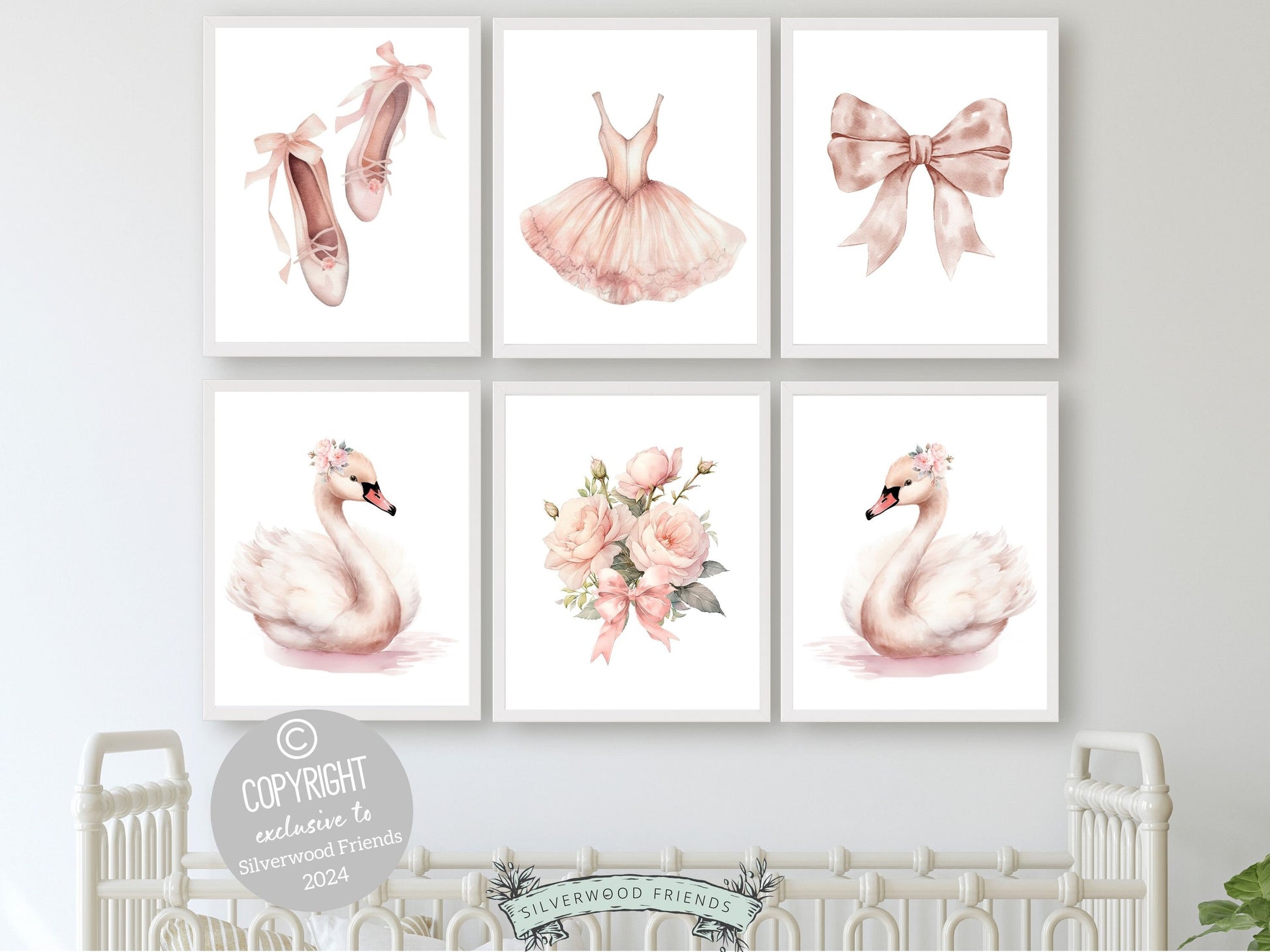 Set of 6 Ballet Prints. These whimsical artworks are an ideal addition to ballet nursery decor, creating a dreamy ambiance or making for a distinctive baby girls baby shower gift that captivates the magic of twirls and tiptoes.