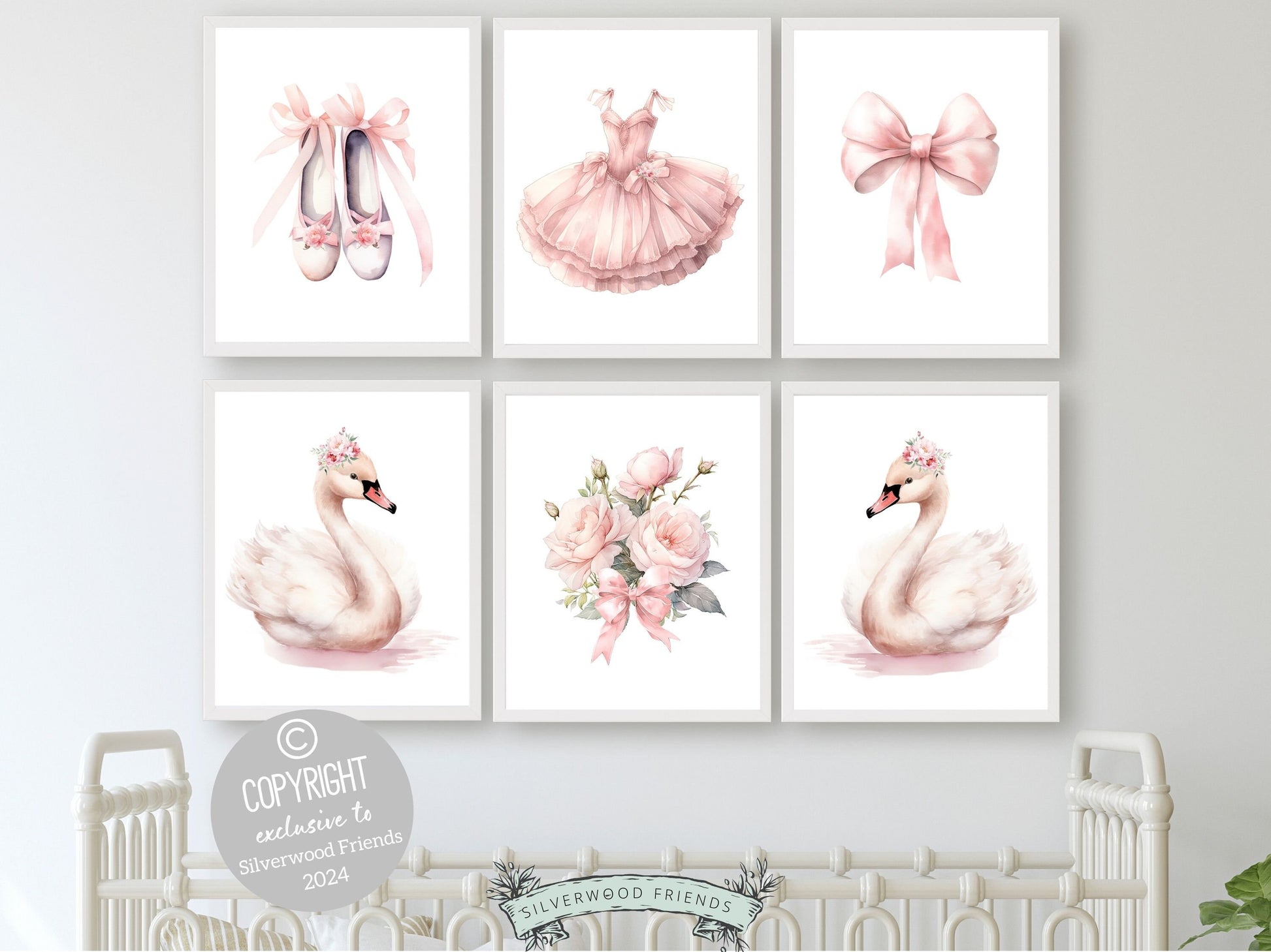 Set of 6 Ballet Prints. These whimsical artworks are an ideal addition to ballet nursery decor, creating a dreamy ambiance or making for a distinctive baby girls baby shower gift that captivates the magic of twirls and tiptoes.