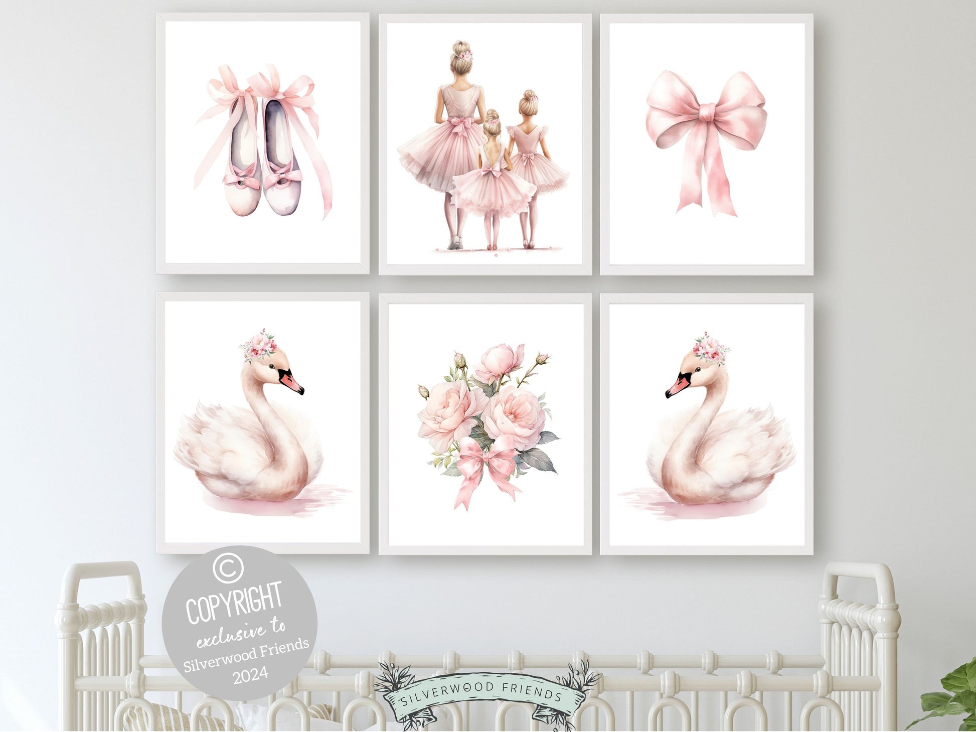 Set of 6 Ballet Nursery Prints. Perfect for your ballet nursery decor or dance inspired bedroom, these charming prints inspire imagination and foster a love for ballet, adding an elegant touch to your baby girls room and dreams of graceful twirls.