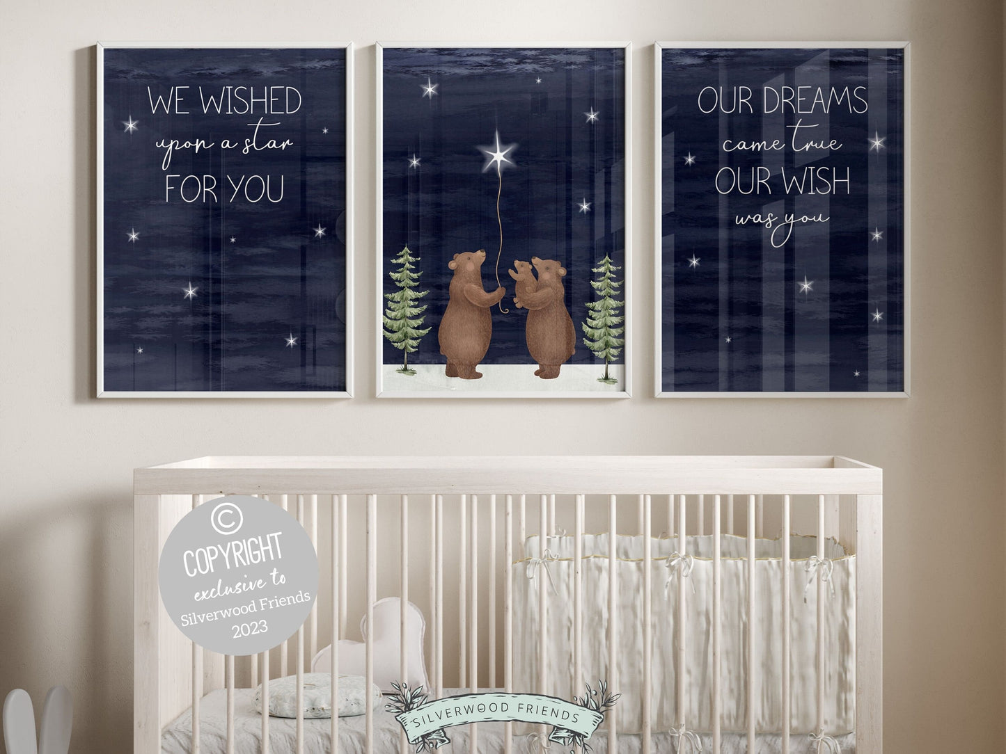 Set of 3 Bear Nursery Prints featuring a family of bears wishing upon a star under a starry night sky. Perfect for your woodland nursery decor and makes a unique gender neutral baby shower gift.
