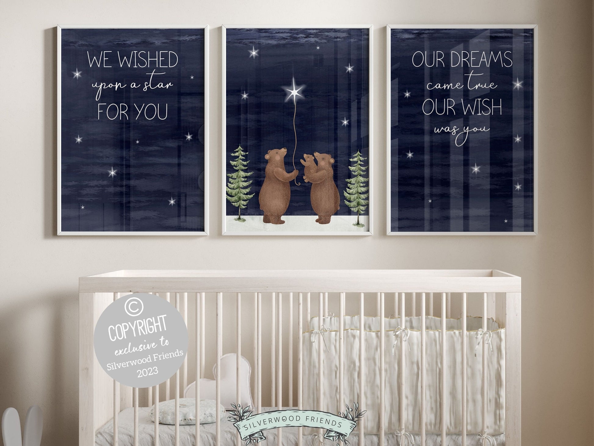 Set of 3 Bear Nursery Prints featuring a family of bears wishing upon a star under a starry night sky. Perfect for your woodland nursery decor and makes a unique gender neutral baby shower gift.