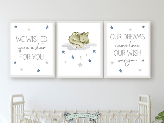 Transform your baby's nursery into a harmonious and dreamy sanctuary with our Set of 3 Baby Dragon Nursery Prints. Perfect for your baby boys dragon nursery decor or as a unique dragon baby shower gift.