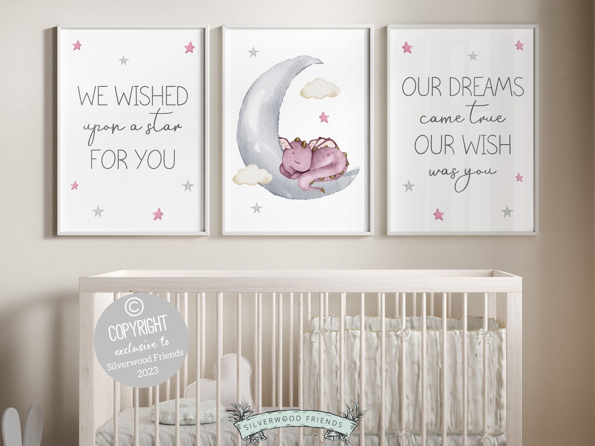 Transform your baby girls nursery decor into a harmonious and dreamy sanctuary with our Set of 3 Baby Dragon Nursery Prints. Perfect for your baby girls fantasy nursery decor or as a unique baby girl dragon baby shower gift.