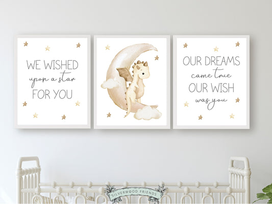 Set of 3 Baby Dragon Nursery Prints will spark their imagination and create a calm and cosy atmosphere. Perfect for your dragon nursery decor or kids fantasy theme room and also makes a unique gender neutral dragon baby shower gift.