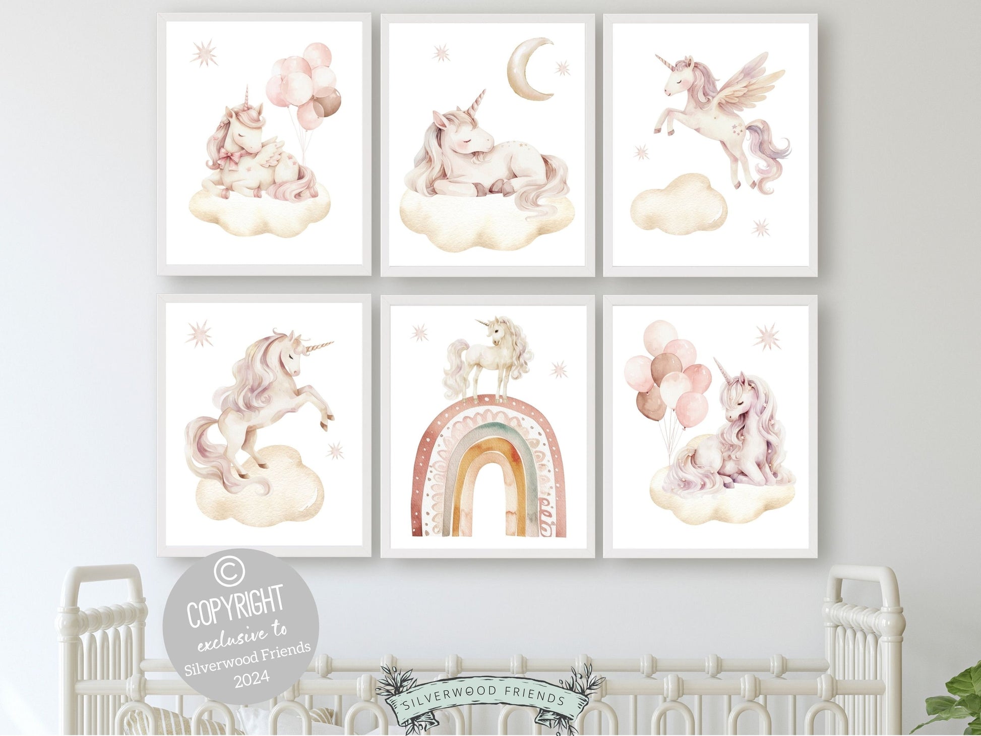 Set of 6 Unicorn Nursery Prints, featuring charming unicorns dancing amidst a dreamy starlit sky. Delight in the enchantment and add a touch of whimsy to your little ones space, or gift it as a truly special baby shower gift.