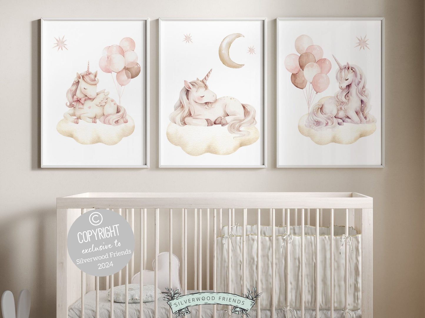 Set of 3 Unicorn Nursery Prints, featuring charming unicorns dancing amidst a dreamy starlit sky. Delight in the enchantment and add a touch of whimsy to your little ones space, or gift it as a truly special baby shower gift.
