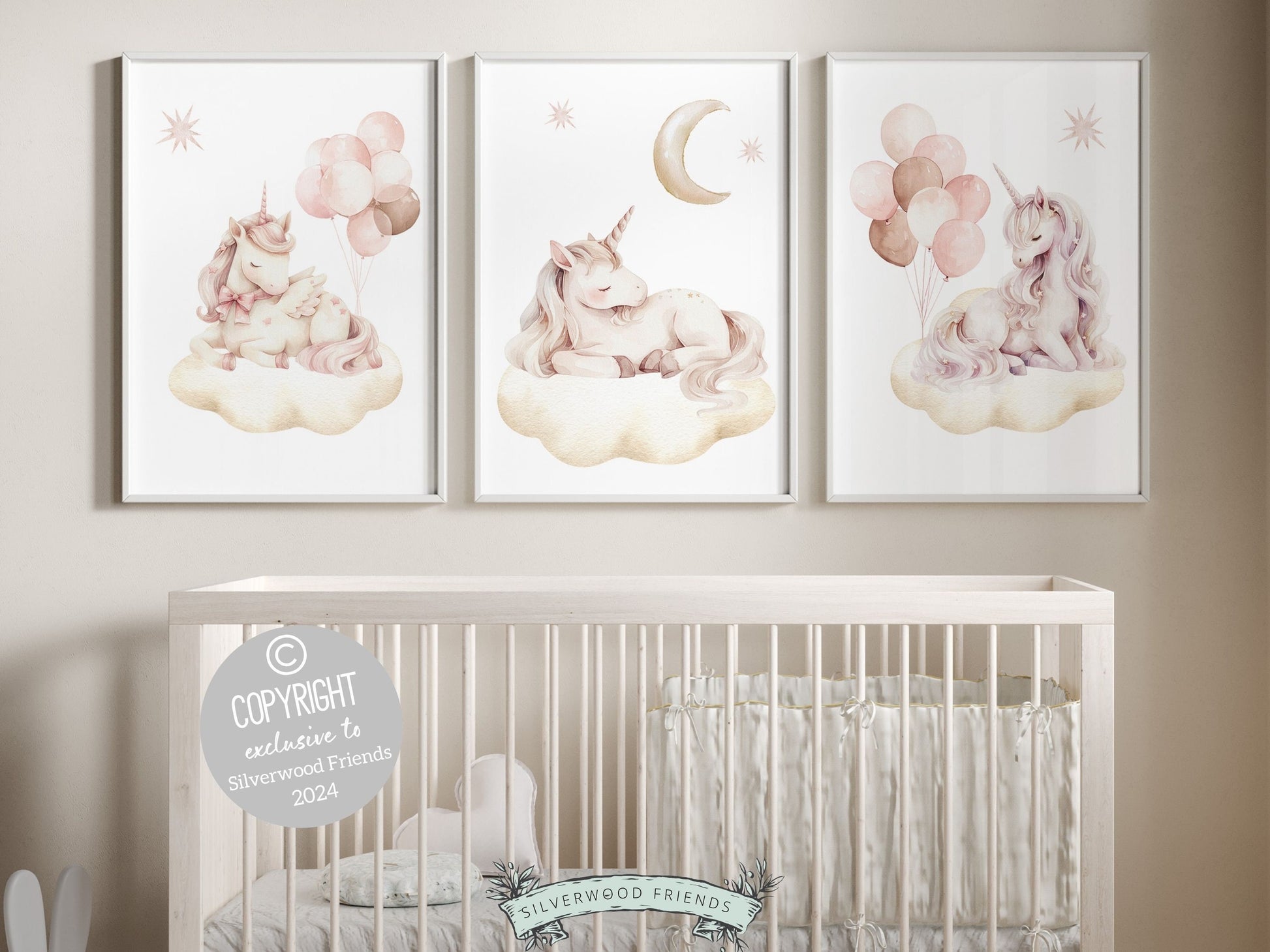 Set of 3 Unicorn Nursery Prints, featuring charming unicorns dancing amidst a dreamy starlit sky. Delight in the enchantment and add a touch of whimsy to your little ones space, or gift it as a truly special baby shower gift.