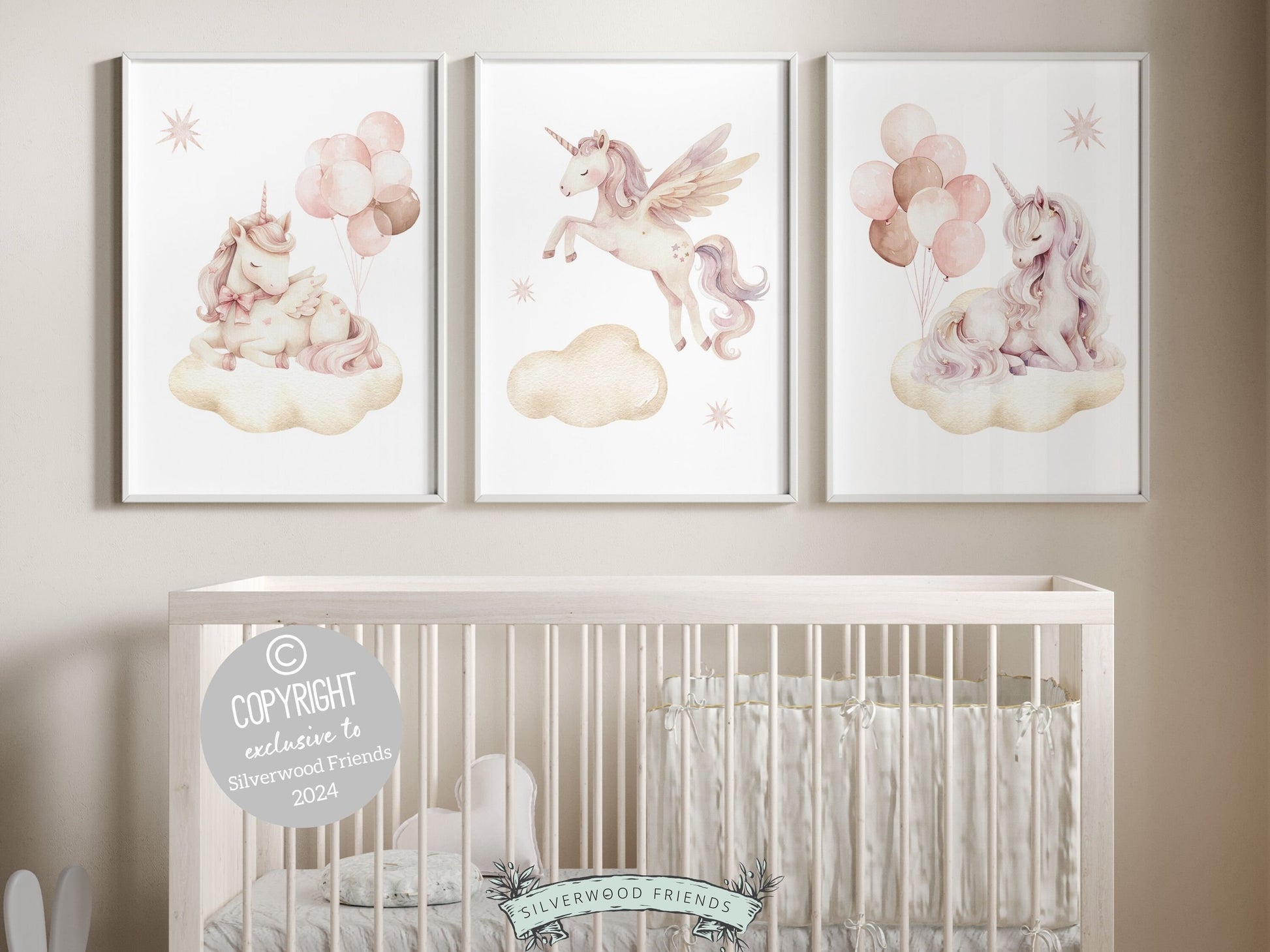 Set of 3 Unicorn Nursery Prints, featuring charming unicorns dancing amidst a dreamy starlit sky. Delight in the enchantment and add a touch of whimsy to your little ones space, or gift it as a truly special baby shower gift.