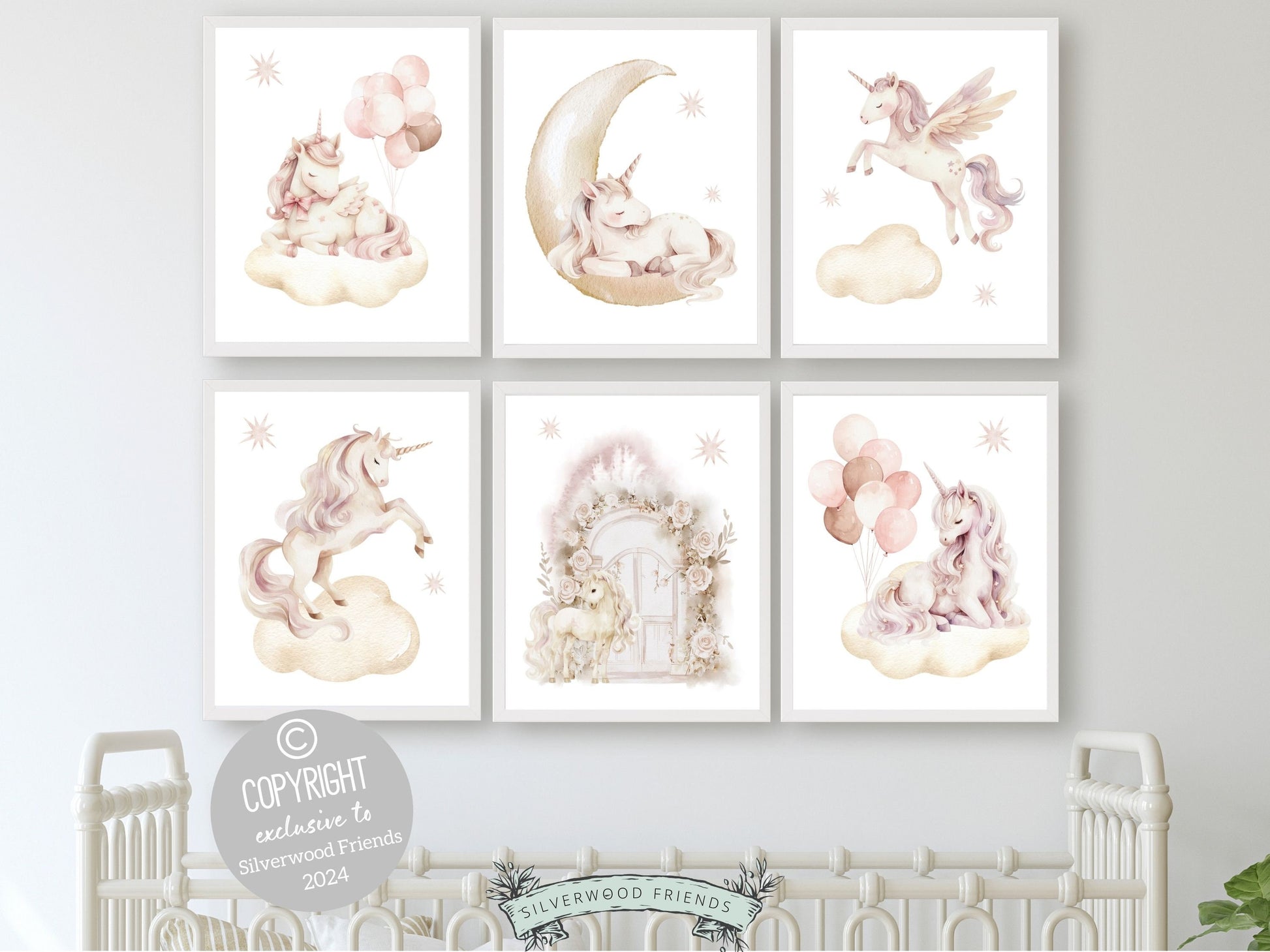 Set of 6 Unicorn Nursery Prints, featuring charming unicorns dancing amidst a dreamy starlit sky. Delight in the enchantment and add a touch of whimsy to your little ones space, or gift it as a unique baby shower gift.