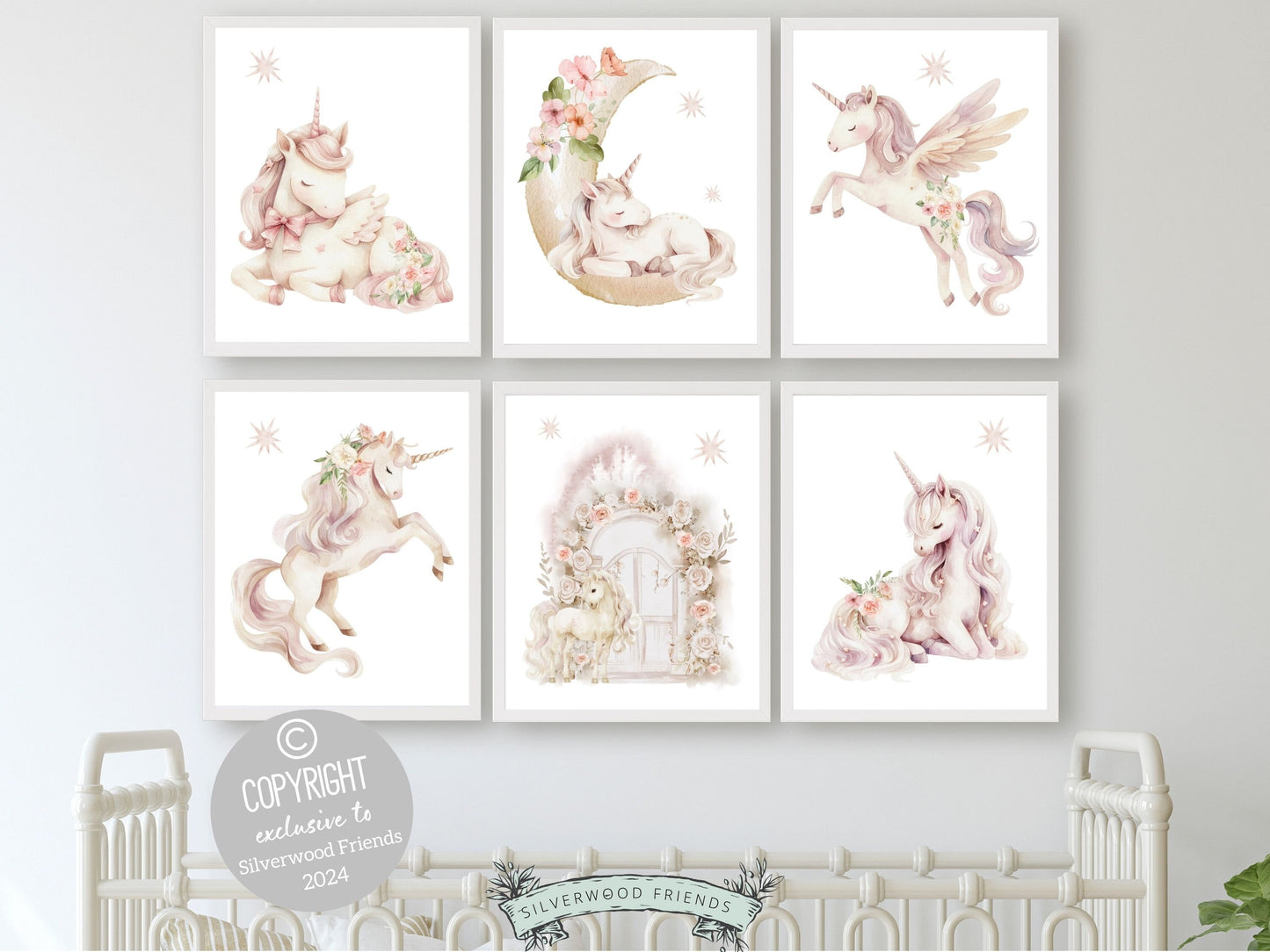 Set of 6 Unicorn Nursery Prints, featuring charming unicorns with wildflowers dancing amidst a dreamy starlit sky. Delight in the enchantment and add a touch of whimsy to your little ones space, or gift it as a unique baby shower gift.