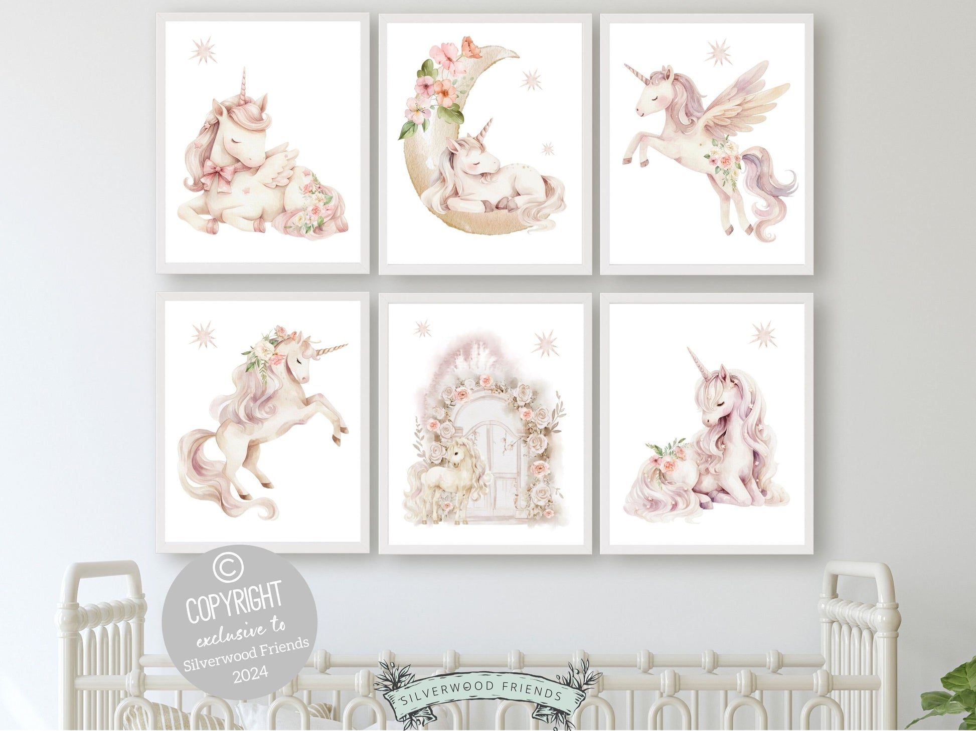 Set of 6 Unicorn Nursery Prints, featuring charming unicorns with wildflowers dancing amidst a dreamy starlit sky. Delight in the enchantment and add a touch of whimsy to your little ones space, or gift it as a unique baby shower gift.