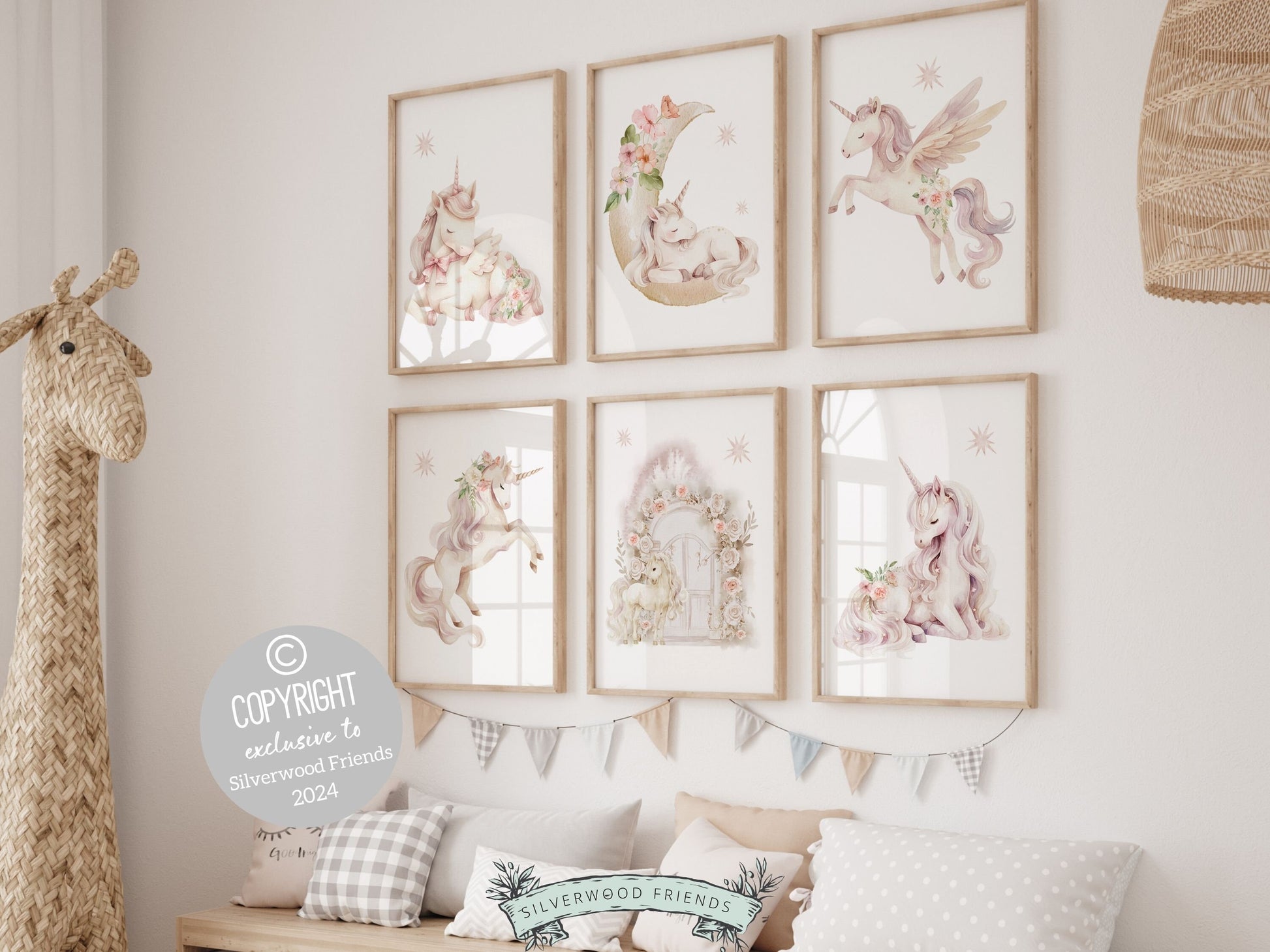ORIGINAL Girls Unicorn Nursery Prints, Girls Fantasy Nursery Decor Fairytale Nursery Wall Art, Pink Floral Wildflower Nursery Digital Prints