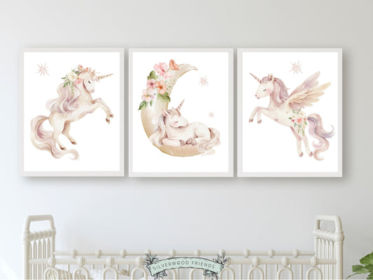 ORIGINAL Girls Unicorn Nursery Prints, Girls Fantasy Nursery Decor Fairytale Nursery Wall Art, Pink Floral Wildflower Nursery Digital Prints