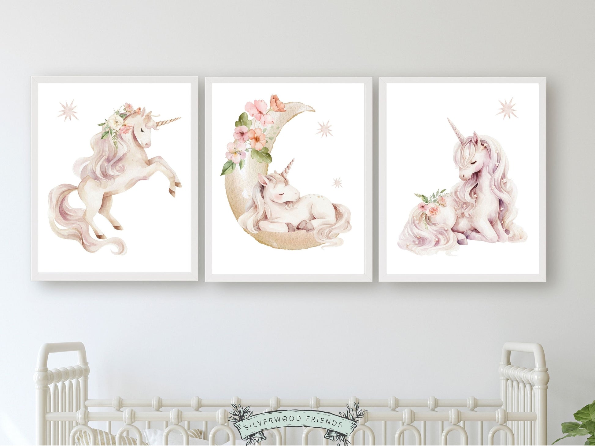 ORIGINAL Girls Unicorn Nursery Prints, Girls Fantasy Nursery Decor Fairytale Nursery Wall Art, Pink Floral Wildflower Nursery Digital Prints