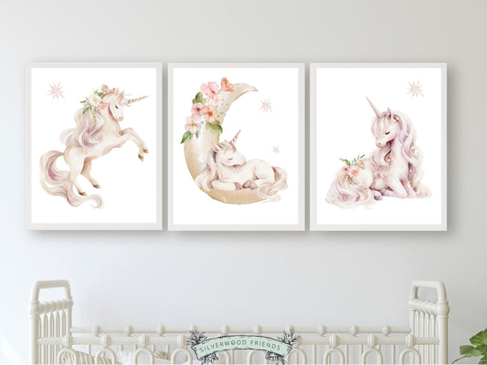 ORIGINAL Girls Unicorn Nursery Prints, Girls Fantasy Nursery Decor Fairytale Nursery Wall Art, Pink Floral Wildflower Nursery Digital Prints
