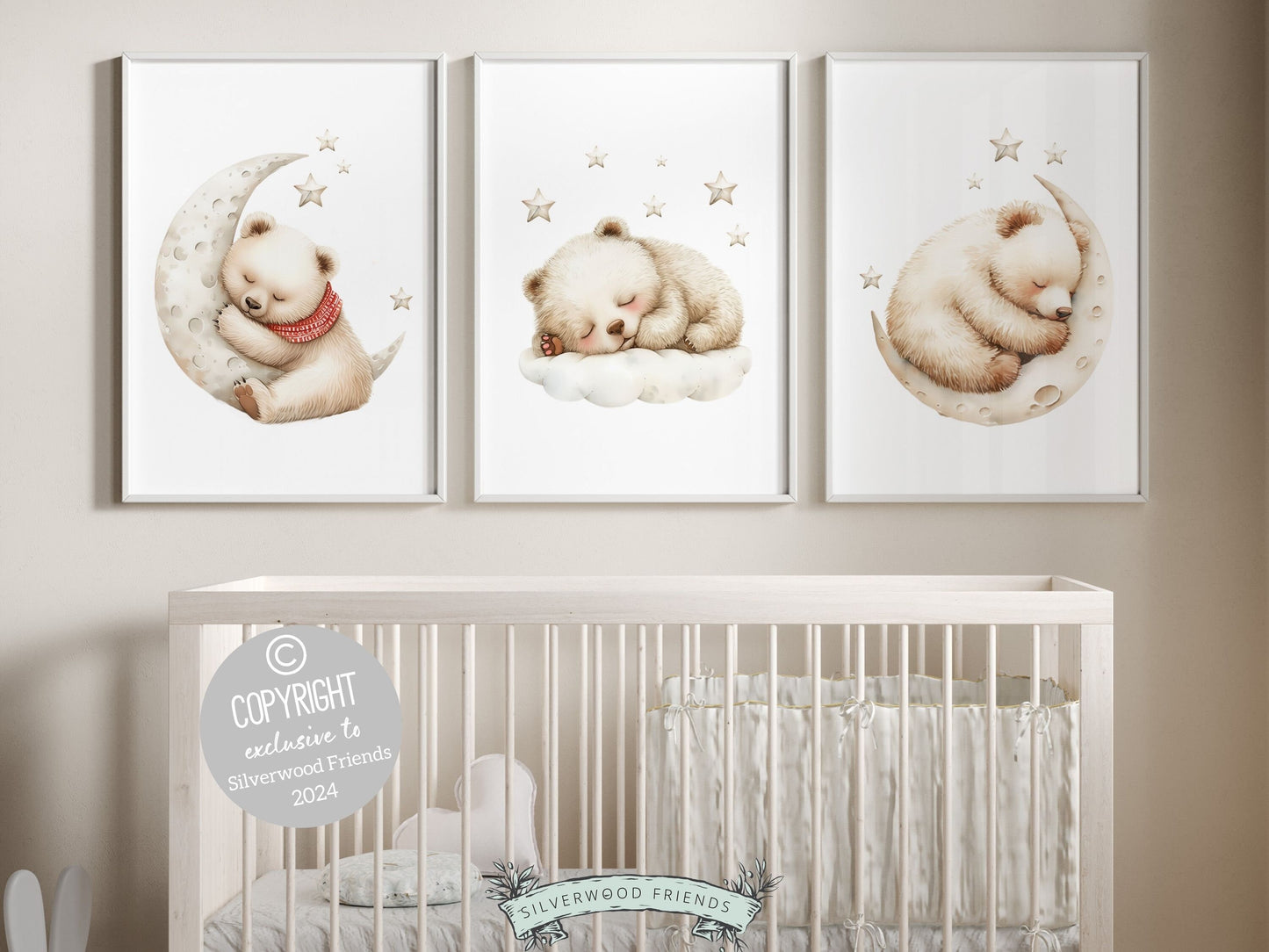 Set of 3 Teddy Bear Nursery Prints featuring white polar bears sleeping on the moon under a star studded sky. The neutral color palette makes it the perfect addition to your neutral nursery theme or as a unique gender neutral baby shower gift.