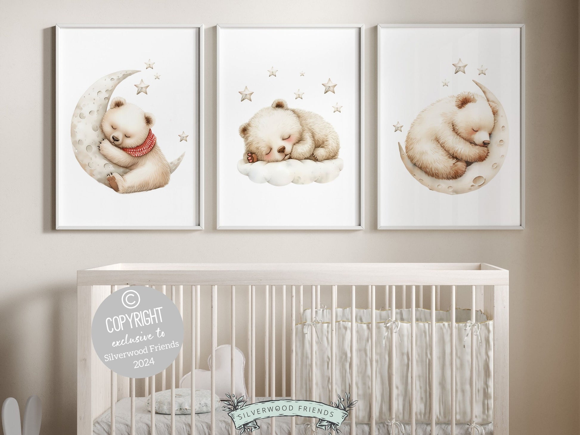 Set of 3 Teddy Bear Nursery Prints featuring white polar bears sleeping on the moon under a star studded sky. The neutral color palette makes it the perfect addition to your neutral nursery theme or as a unique gender neutral baby shower gift.