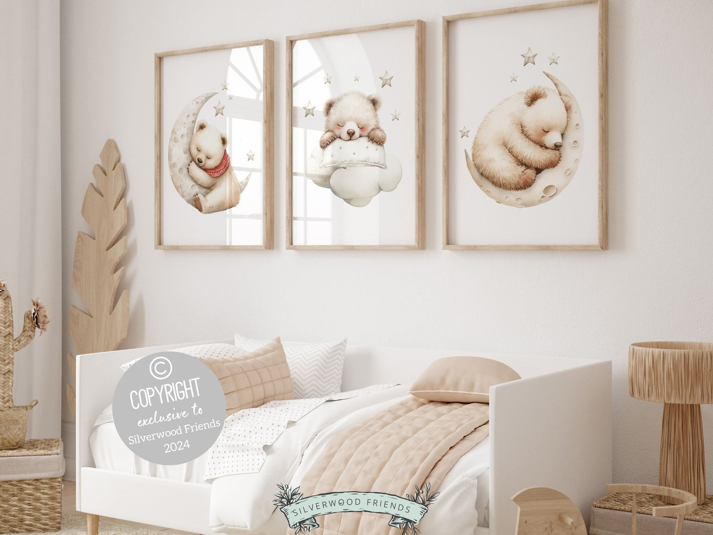 Set of 3 Teddy Bear Nursery Prints featuring white polar bears sleeping on the moon under a star studded sky. The neutral color palette makes it the perfect addition to your neutral nursery theme or as a unique gender neutral baby shower gift.