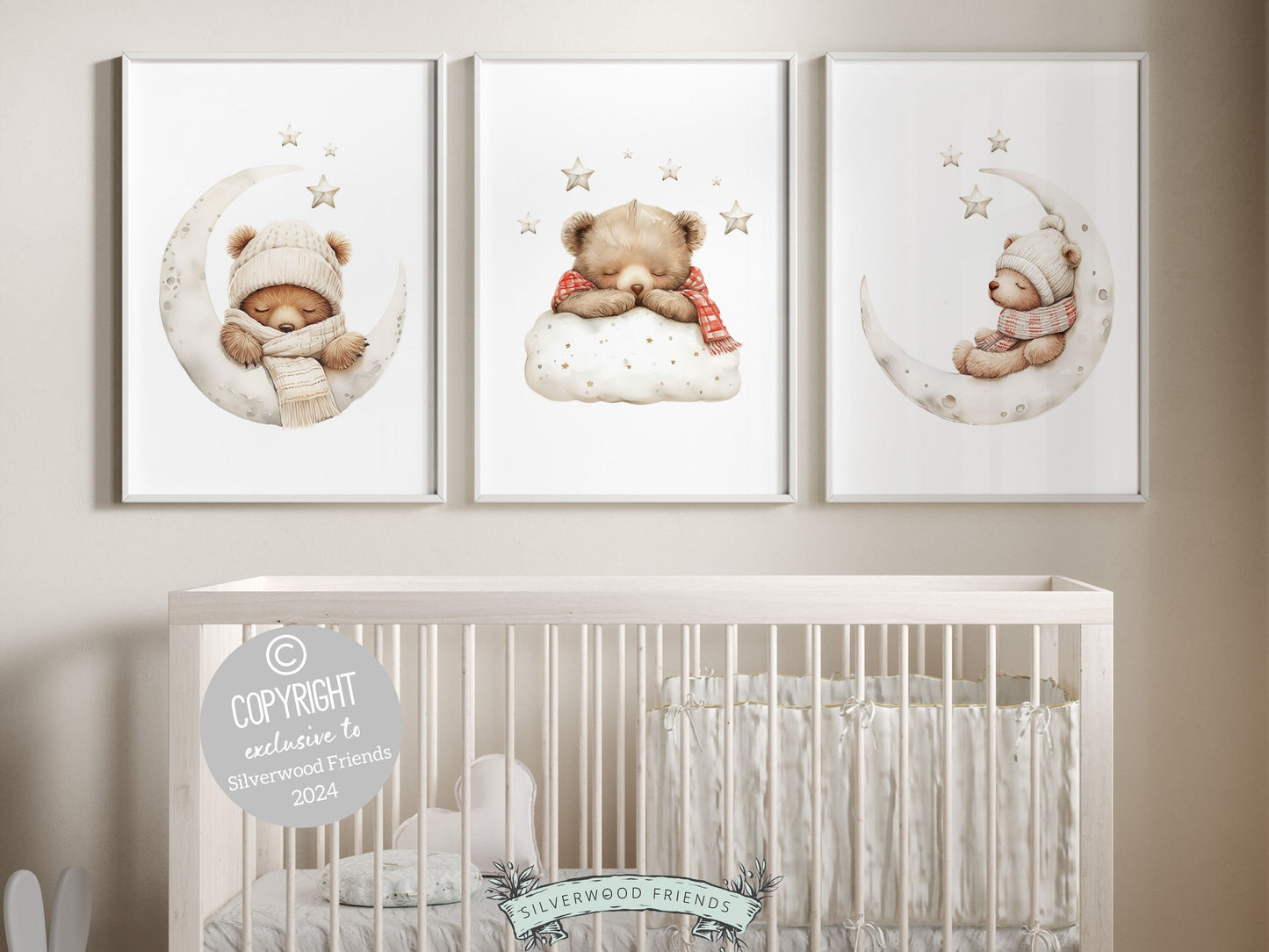 Set of 3 Teddy Bear Nursery Prints featuring adorable brown bears sleeping on the moon under a star studded sky. The neutral color palette makes it the perfect addition to your neutral nursery theme or as a unique gender neutral baby shower gift.