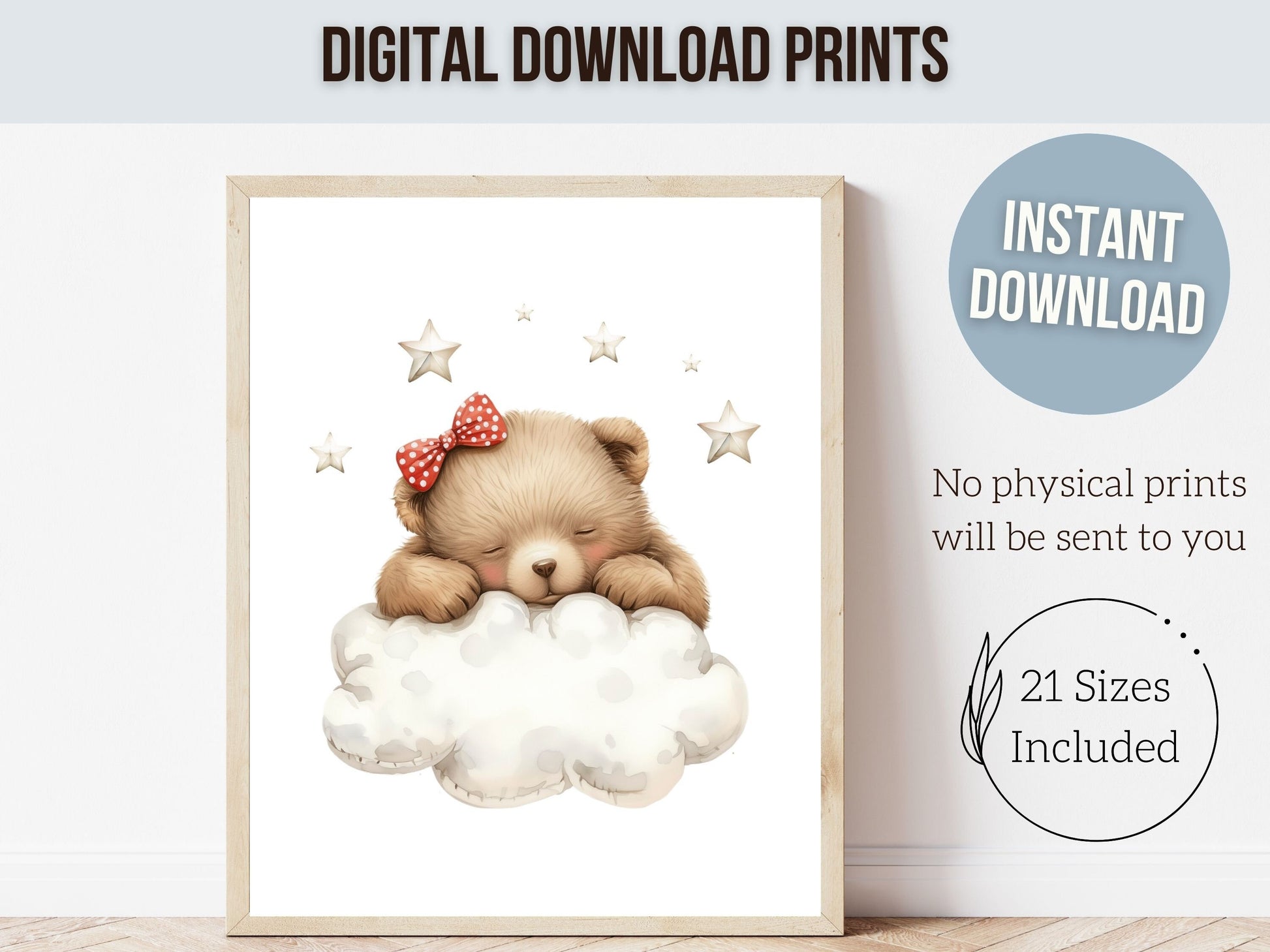 Baby Girls Teddy Bear Nursery Print, Teddy Bear Nursery Decor, Brown Bear Nursery Wall Art, Little Girls Woodland Bear Bedroom Digital Print