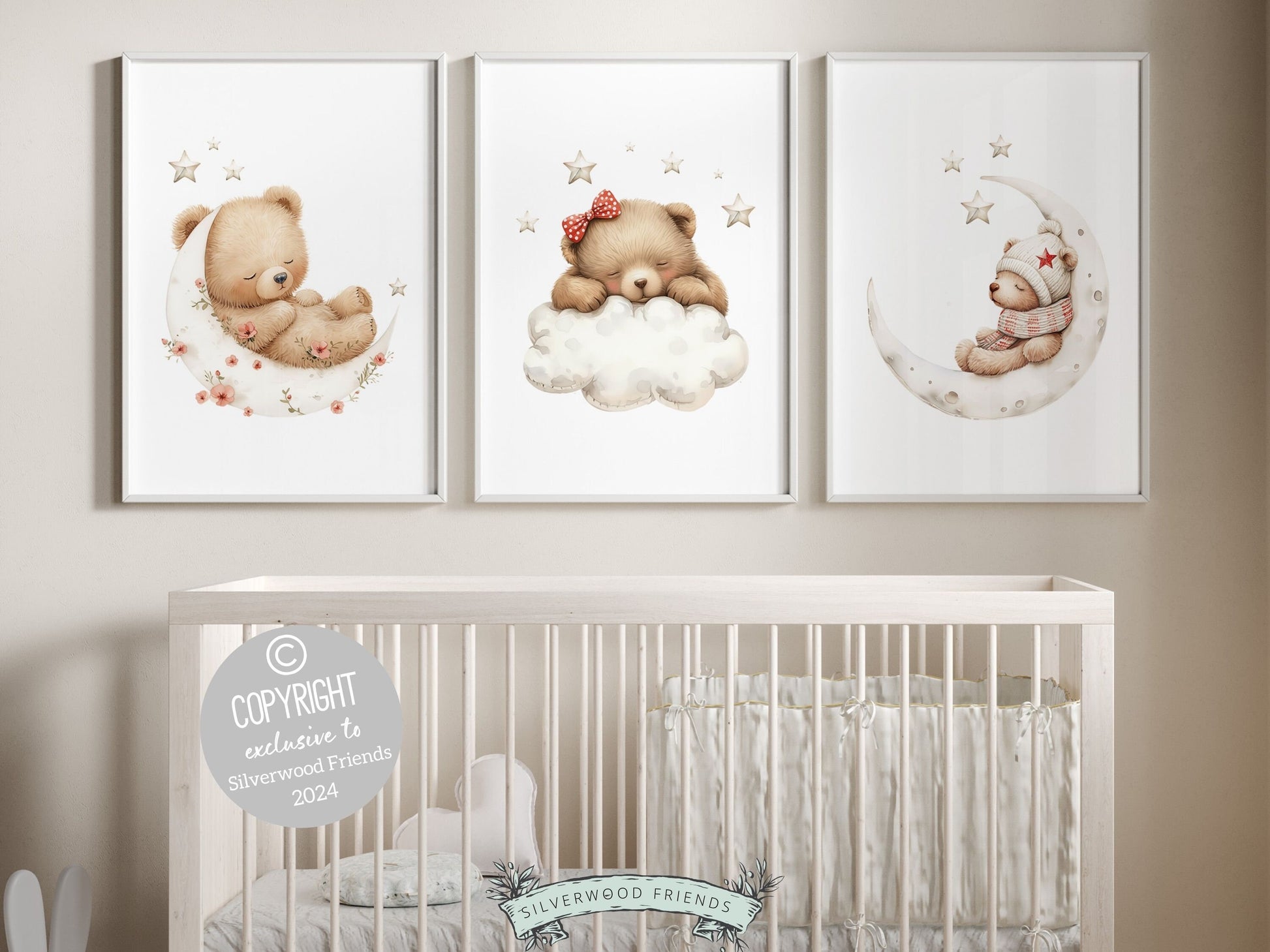 Set of 3 baby girls Teddy Bear Nursery Prints featuring adorable brown bears sleeping on the moon under a star studded sky. Perfect for your baby girls bear nursery decor or as a unique baby girls baby shower gift.